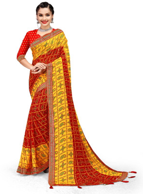 LAKHADATARI PRINTS Printed, Self Design Bandhani Georgette Saree(Maroon, Yellow)