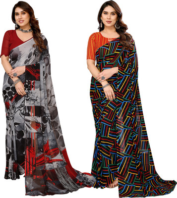 kashvi sarees Self Design, Printed Daily Wear Georgette Saree(Pack of 2, Grey, Black, Multicolor)