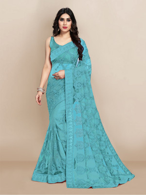 JIVI CLOTHING Solid/Plain, Embroidered Bollywood Net Saree(Blue)