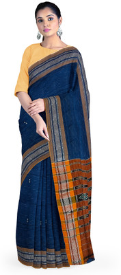handloom paridhaan Dyed, Temple Border Handloom Pure Cotton Saree(Blue)
