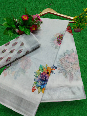 HouseOfCommon Embroidered, Applique Kanjivaram Linen, Cotton Linen Saree(White)