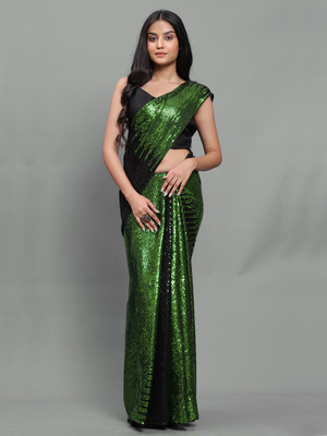 3Buddy Fashion Embroidered, Striped Bollywood Georgette Saree(Black, Light Green)