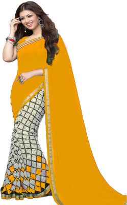 SM TRENDZ Checkered Bollywood Georgette, Art Silk Saree(Yellow)