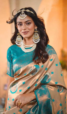 Harshiv Textile Printed Banarasi Art Silk Saree(Beige)