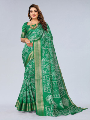 Moda Rapido Printed Bandhani Cotton Blend Saree(Green)