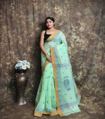 TANTSHREE Self Design Tant Pure Cotton Saree(Light Green)