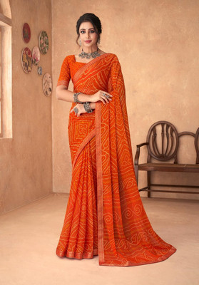 Sudarshana Geometric Print Bandhani Chiffon Saree(Orange)