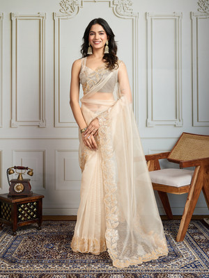 House of Pataudi Embroidered Saree with Attached Blouse Organza Saree(Pink)