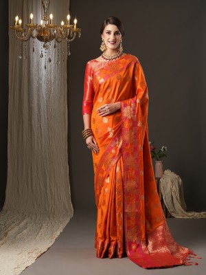 Sareemall Woven Paithani Silk Blend Saree(Orange)