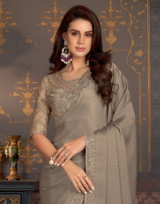 Samah Embroidered, Embellished Bollywood Satin Saree(Beige)