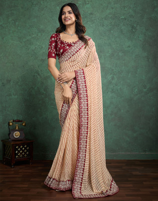 Satrani Striped, Printed, Embellished Bandhani Georgette Saree(Cream)