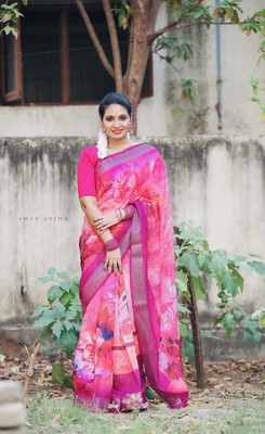 kaizen International Printed Bollywood Linen Saree(Multicolor)