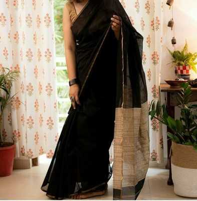 NAMITASAREES Solid/Plain Handloom Cotton Silk Saree(Black)