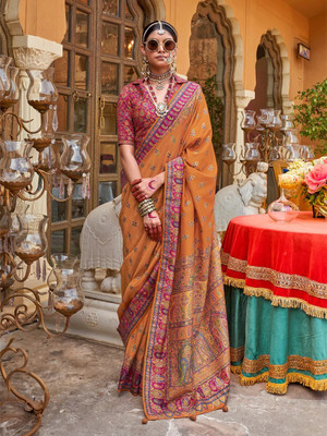 AKSHAR PATRON ENTERPRISE Woven Bollywood Silk Blend Saree(Orange, Mustard)