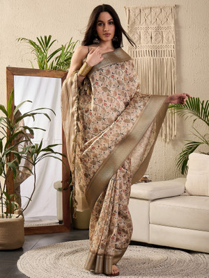 Sareemall Digital Print Chinnalapattu Silk Blend Saree(Cream)