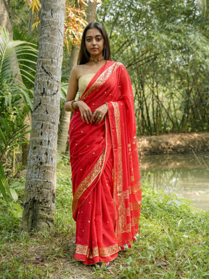 Suta Self Design Handloom Pure Cotton Saree(Red)
