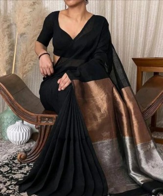 Binay textile Solid/Plain Handloom Cotton Blend Saree(Black)