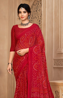 REBOOT FASHIONS Printed Bandhani Chiffon Saree(Red)