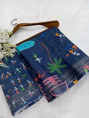TOPPA Digital Print Bollywood Cotton Linen Saree(Multicolor)