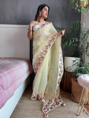 ANOUK Embroidered Saree with Attached Blouse Organza Saree(Yellow)