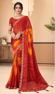 The Fashion Attire Printed Bandhani Chiffon Saree(Red)