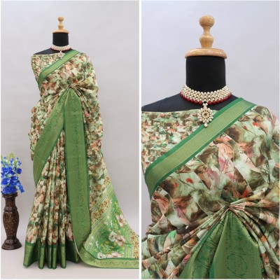 Mionas Woven, Printed Bollywood Cotton Silk, Linen Saree(Green)