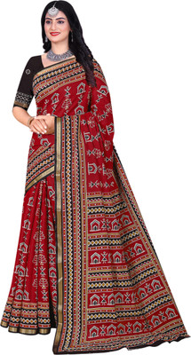 Lilashah Boutique Printed Hand Batik Cotton Blend Saree(Red)