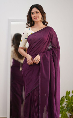 SSP Solid/Plain Handloom Cotton Blend Saree(Purple)