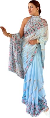 MANUMA Floral Print Bollywood Chiffon Saree(Blue)