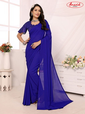 Anand Sarees Solid/Plain Daily Wear Georgette Saree(Blue)
