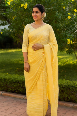 sareekraft Striped, Self Design Daily Wear Georgette Saree(Yellow)