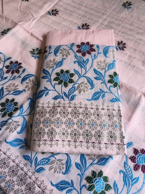 PNB Woven, Floral Print Mekhela Chador Pure Cotton Saree(Cream, Blue)