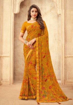 SainiVastra Floral Print Bollywood Chiffon Saree(Yellow)