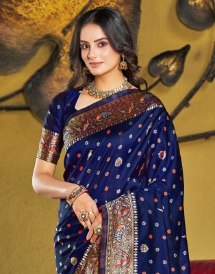 Samah Woven, Embellished, Self Design Paithani Art Silk Saree(Blue, Multicolor)