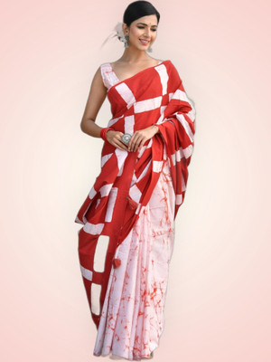 baratheon Self Design Bollywood Cotton Blend Saree(Red, Pink)