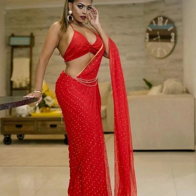 HouseOfCommon Polka Print Bollywood Chiffon Saree(Red)
