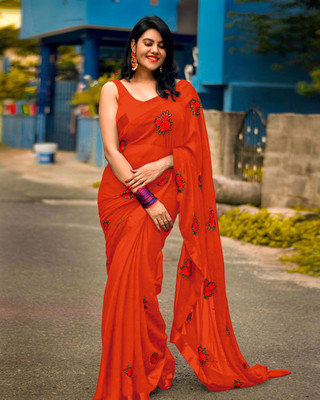 JSItaliya Embroidered Bollywood Georgette Saree(Orange)