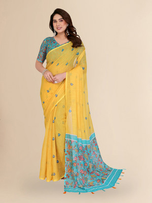 Moda Rapido Floral Print Bollywood Cotton Blend Saree(Yellow)