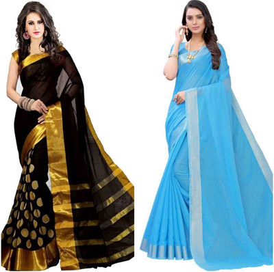 Pooja Designer Wear Solid/Plain, Self Design, Striped, Printed Daily Wear Cotton Silk Saree(Pack of 2, Black, Light Blue)
