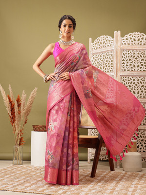 SILK ZONE Digital Print Banarasi Cotton Blend Saree(Pink)