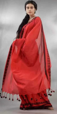 Pal Handloom Self Design Handloom Cotton Blend Saree(Red)