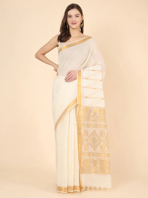 EverGreenNest Woven, Solid/Plain, Self Design, Striped Kasavu Cotton Blend Saree(White)