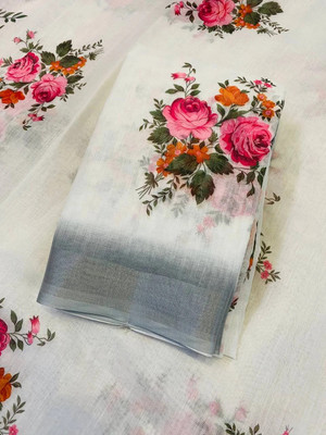 KOTHARI KREATION Digital Print Hand Batik Cotton Linen Saree(White)