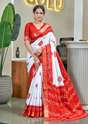 Divastri Blocked Printed, Printed Chanderi Cotton Blend Saree(White, Red)