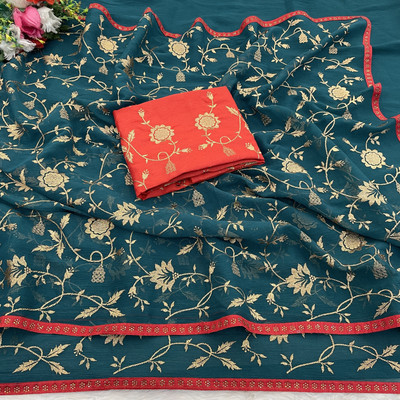 KHRITI FAB Embroidered Bollywood Silk Blend Saree(Dark Blue)