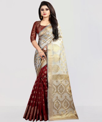 Hinayat Fashion Self Design, Woven, Embellished Kanjivaram Jacquard, Cotton Silk Saree(Maroon)