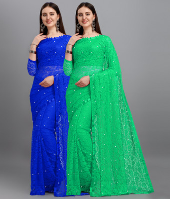 LOROFY Self Design Bollywood Net Saree(Pack of 2, Green, Blue)