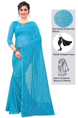 DEVYOG ENTERPRISE Self Design Bollywood Net, Brasso Saree(Light Blue)