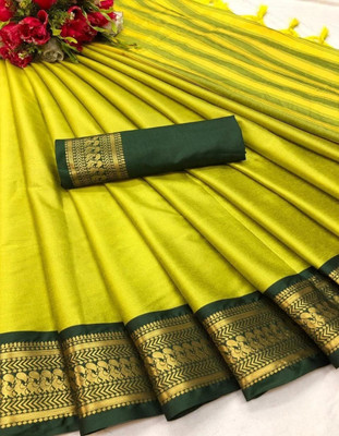 valida Embellished, Self Design, Solid/Plain, Temple Border, Woven Paithani Art Silk, Cotton Silk Saree(Light Green, Green)