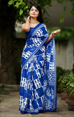 shiv textiles Printed Handloom Pure Cotton Saree(Blue)